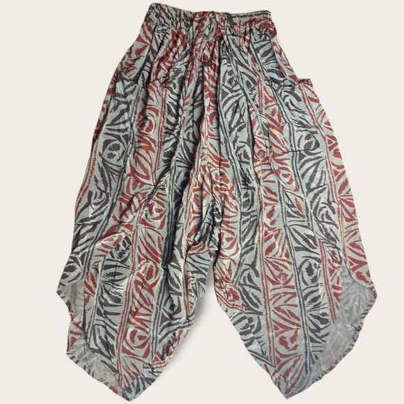Summer | 🇮🇹 Vintage Viscose Tulip-Fold Harem Pants, Abstract Print, Bronze/Ochre - Picture 1 of 10